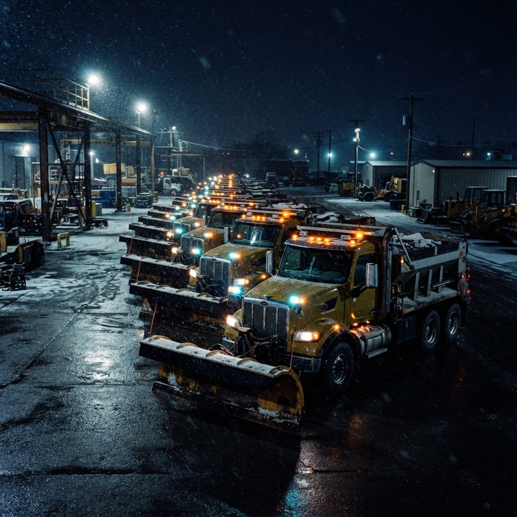 Fleet of commercial snow plow trucks staged for deployment in a floodlit yard