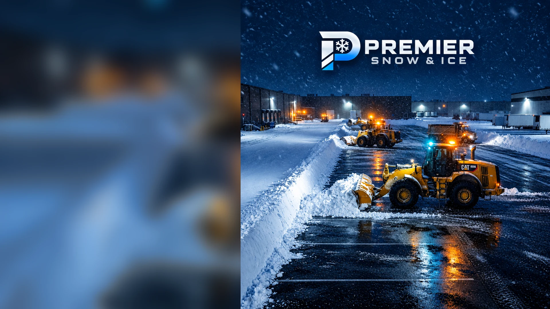 Premier Snow & Ice snow-removal machines clearing an industrial yard at night