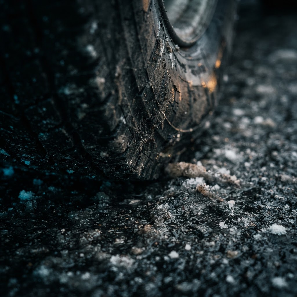 Macro view of tire tread on wet de-iced asphalt